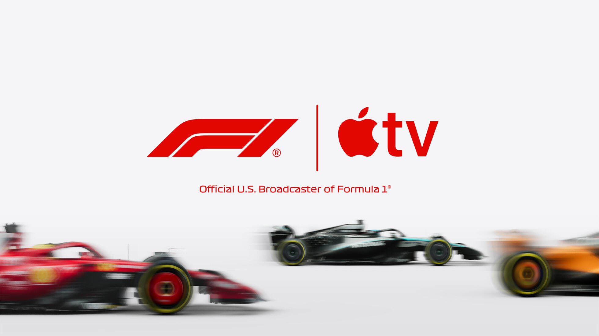 Formula 1 and Apple TV logos above the text Official U.S. Broadcaster of Formula 1, with three blurred F1 cars racing at the bottom on a white background.
