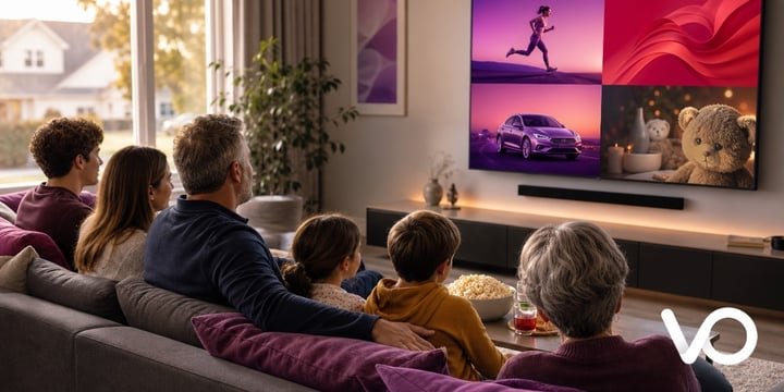 Family Watching Tailored Ads on Modern TV in Cozy Living Room wlogo