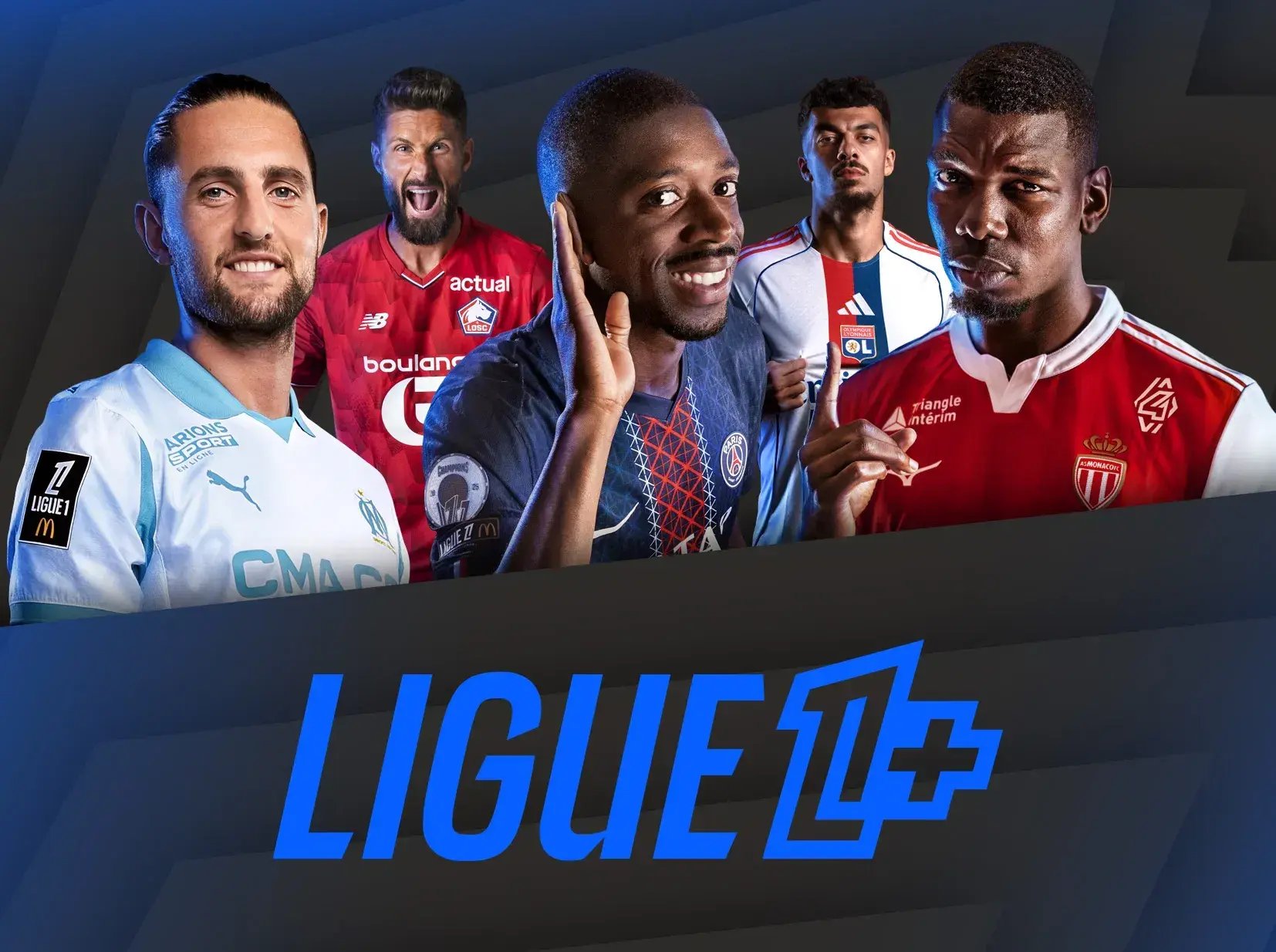 Five Ligue 1 football players from different teams pose in front of a stylized blue and black background with the text “Ligue 1+” at the bottom.