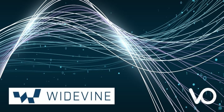 Widevine and Viaccess-Orca logos on a dark teal background with flowing white and purple light streams and binary code data particles, representing digital content protection infrastructure.