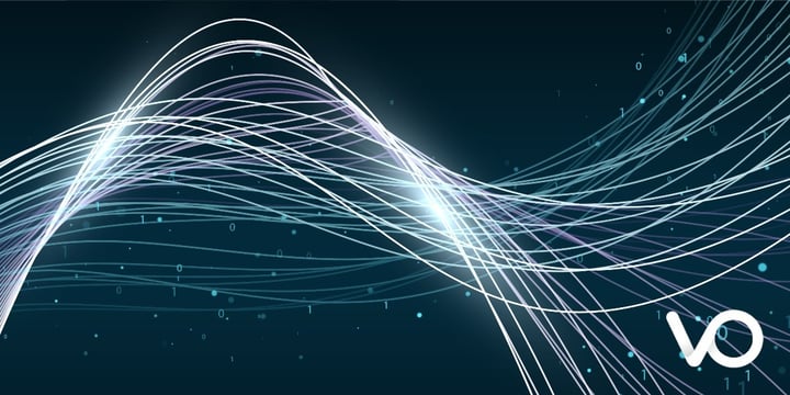 Viaccess-Orca logo on a dark teal background with flowing white and purple light streams and binary code data particles, representing digital content protection infrastructure.